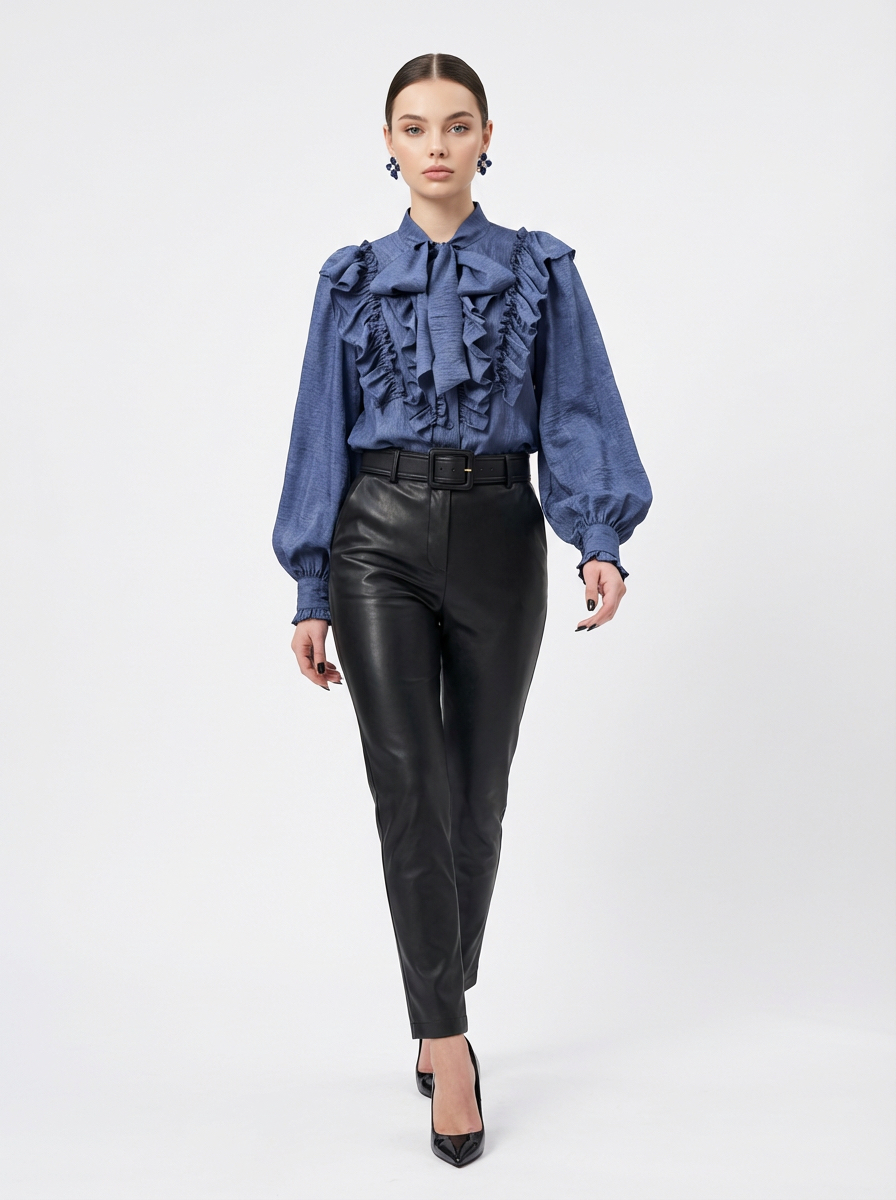 Блузка с рюшами и воротником-завязка OD-988-3 синий