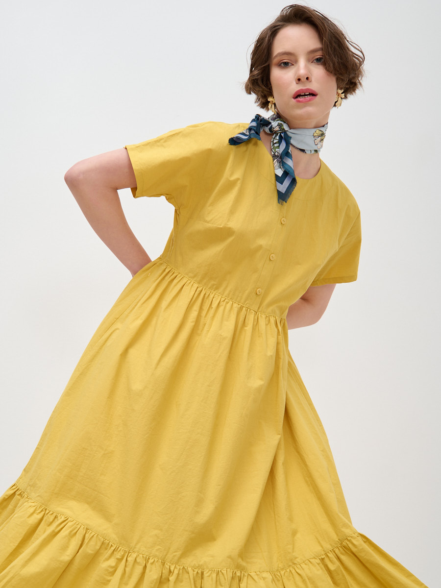 Платье хлопок OD-277-9 спущенная пройма с воланом горчица