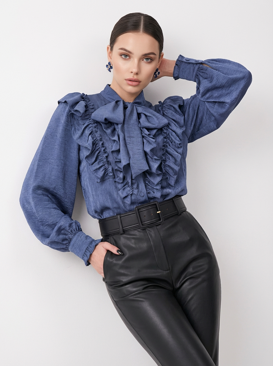 Блузка с рюшами и воротником-завязка OD-988-3 синий