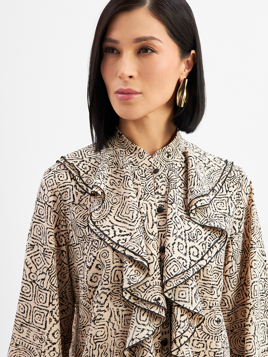 Блузка с отлетными рюшами OD-914-5 бежевый с черным