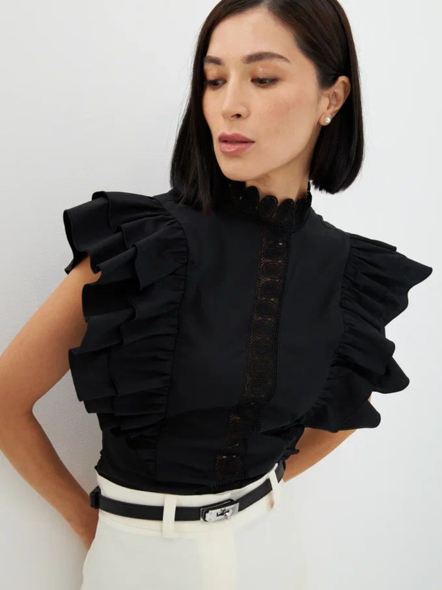 Блузка из хлопка с крыльями и кружевом OD-912-2 черный