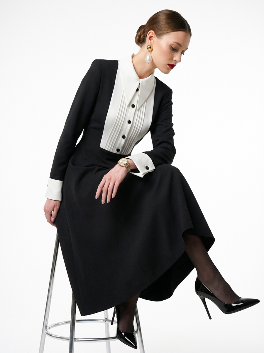 Платье черное из костюмной ткани с белой вставкой OD-1034-1