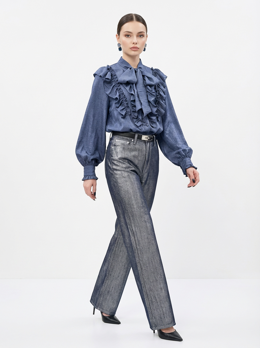 Блузка с рюшами и воротником-завязка OD-988-3 синий