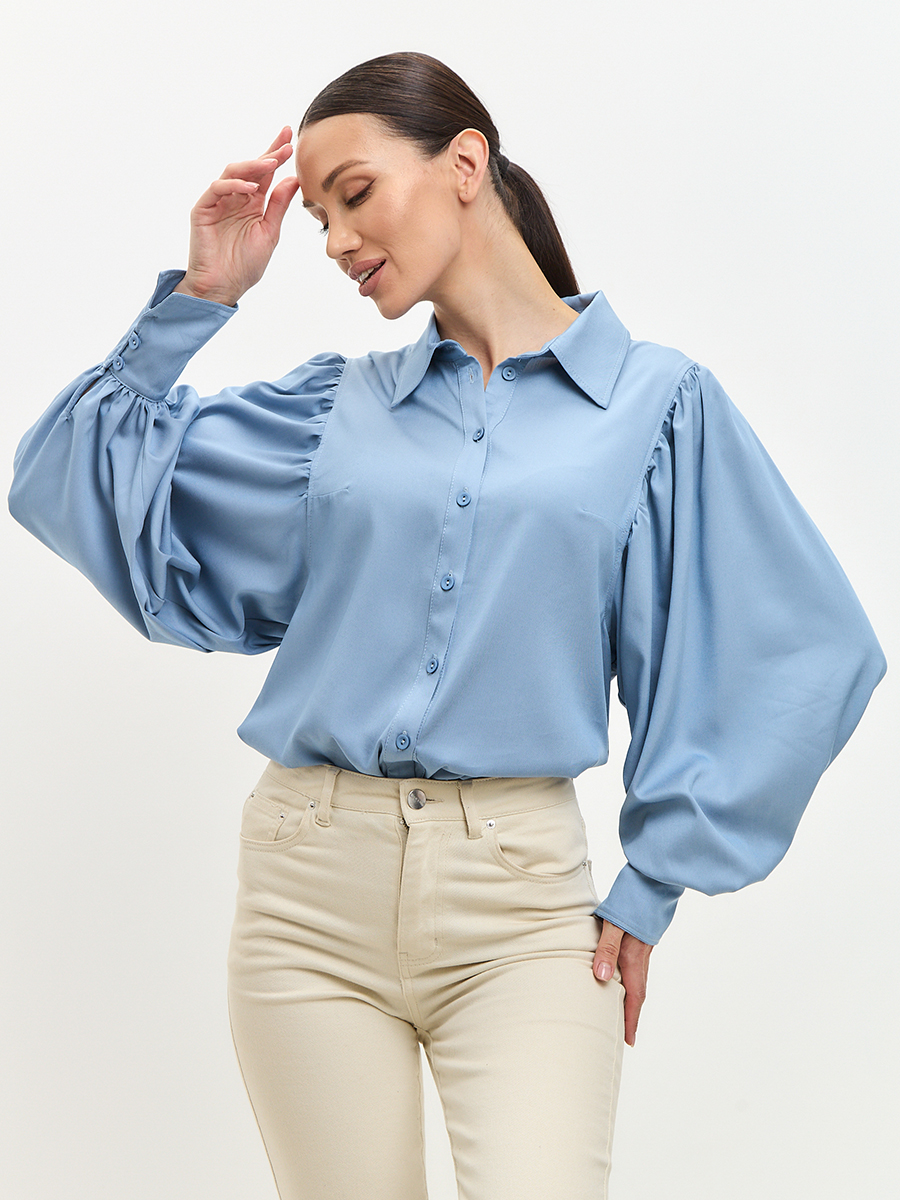 Блузка с объемным рукавом из тонкой джинсы OD-864-1 голубой
