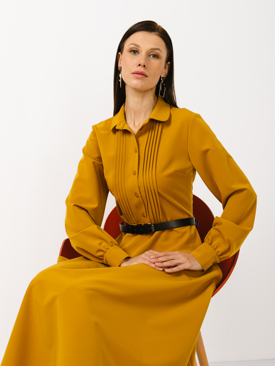 Платье из костюмной ткани с контрастным воротником и манжетом OD-841-1 горчица
