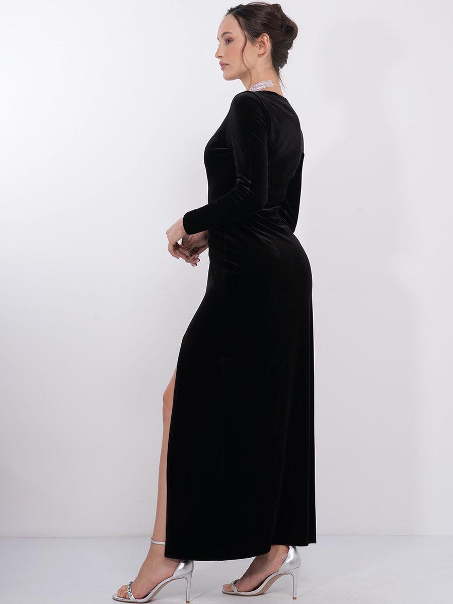 Платье из бархата с разрезом OD-849-1 черное