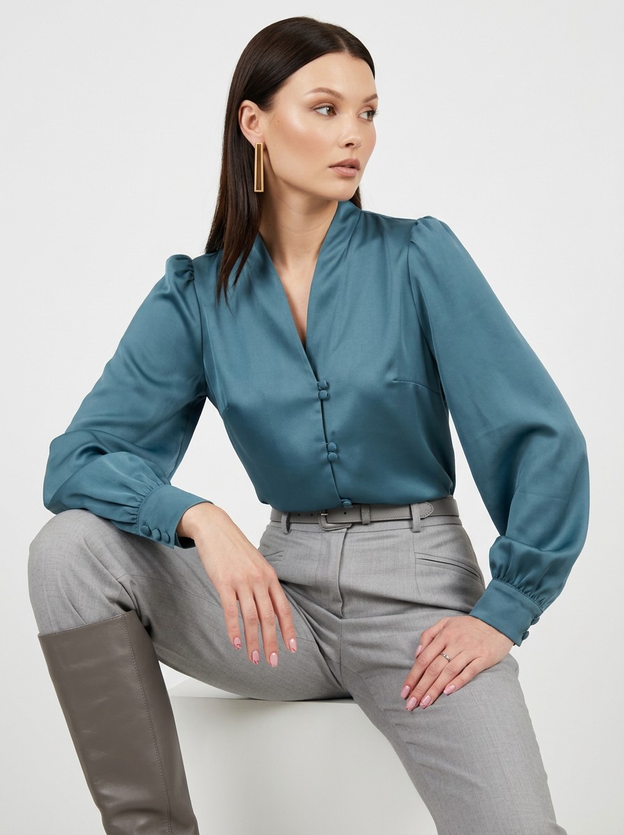Блуза с вырезом сине-зеленая