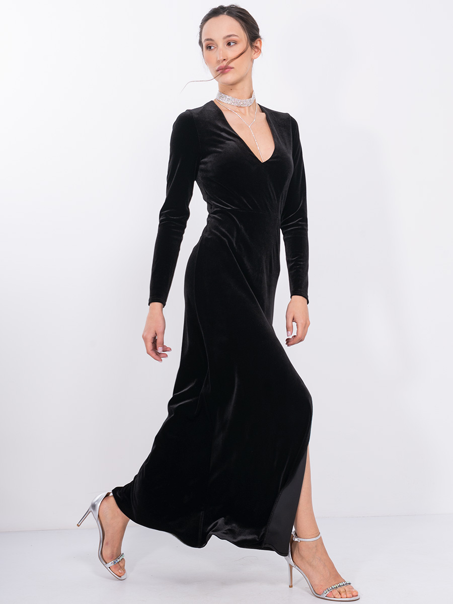 Платье из бархата с разрезом OD-849-1 черное