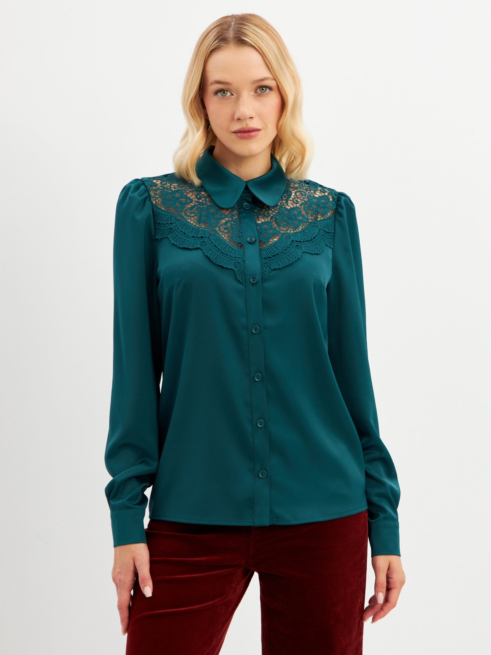 Блузка с кружевом на полочке OD-892-1 т.зеленый