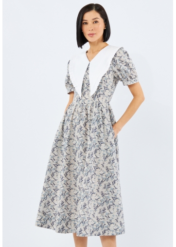 Платье из хлопка с большим контрастным воротником OD-935-3 цветы на бежевом