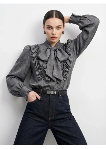 Блузка с рюшами и воротником-завязка OD-988-1 графит