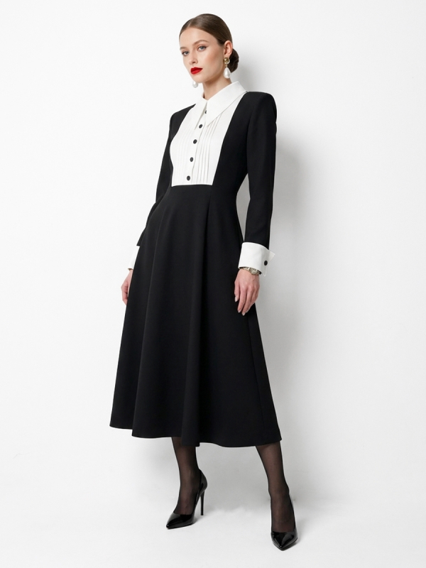Платье черное из костюмной ткани с белой вставкой OD-1034-1