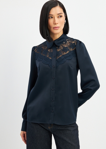 Блузка с кружевом на полочке OD-892-2 т.синий