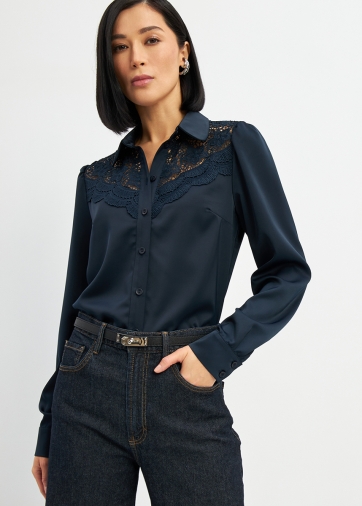 Блузка с кружевом на полочке OD-892-2 т.синий