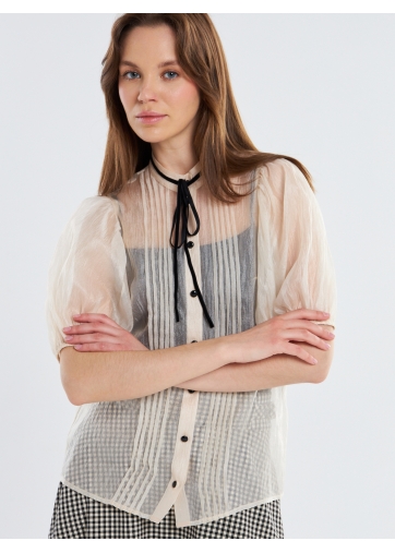 Блузка из органзы с бархатной завязкой и защипами  OD-951-1 молочный