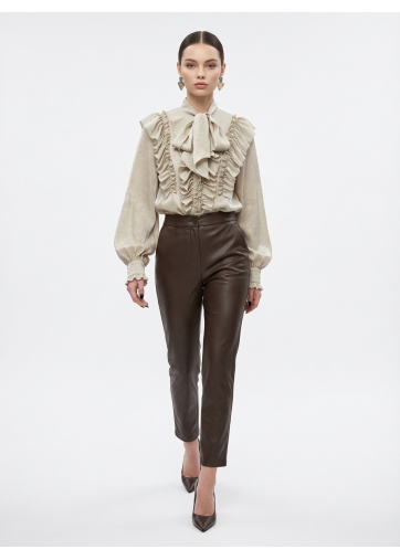 Блузка с рюшами и воротником-завязка OD-988-2 бежевый