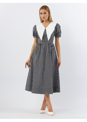 Платьеиз хлопка с большим контрастным воротником OD-935-1 клетка ч/б