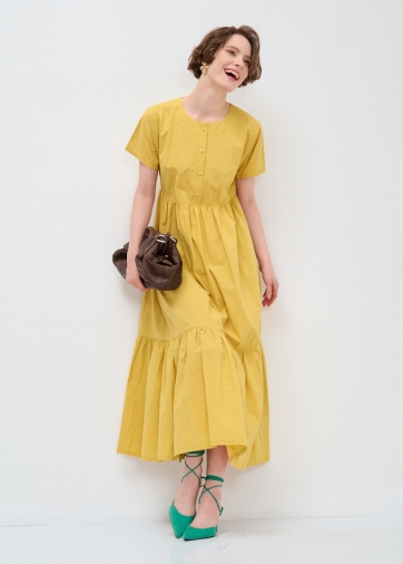 Платье хлопок OD-277-9 спущенная пройма с воланом горчица