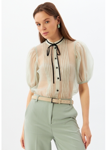 Блузка из органзы с бархатной завязкой и защипами  OD-951-2 серо-зеленый