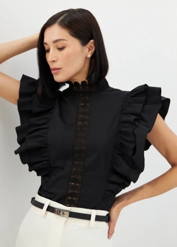 Блузка из хлопка с крыльями и кружевом OD-912-2 черный