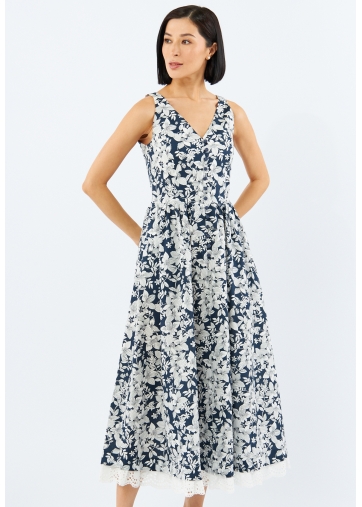 Платье из хлопка с кружевом OD-925-2 крупные белые цветы на синем