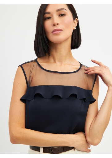 Блузка без рукавов с сеткой и воланом OD-992-2 т. синий