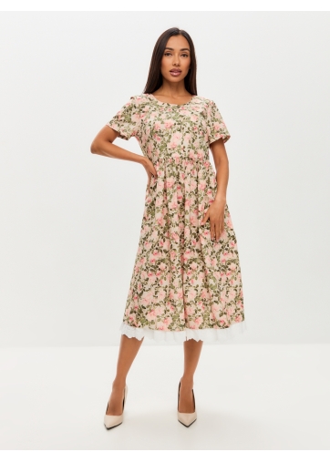 Платье из хлопка без воротника OD-727-13 розовые цветы зеленые листья