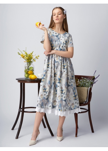Платье из хлопка без воротника OD-727-9 крупные цветы на белом