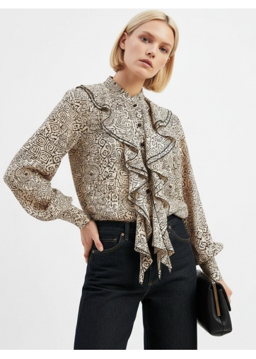 Блузка с отлетными рюшами OD-914-5 бежевый с черным