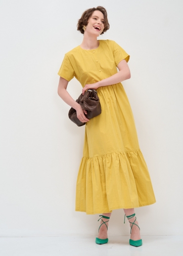 Платье хлопок OD-277-9 спущенная пройма с воланом горчица