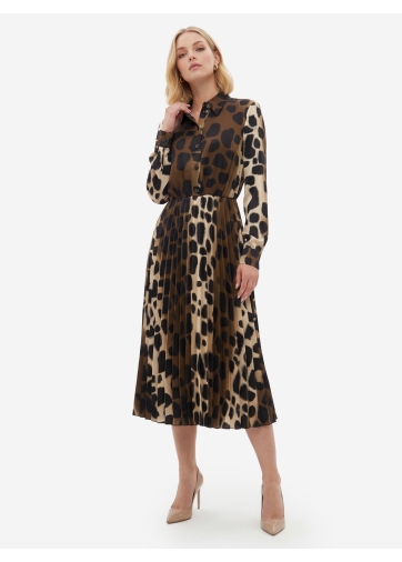 Платье с юбкой плиссе OD-883-1 леопард коричневый с хаки