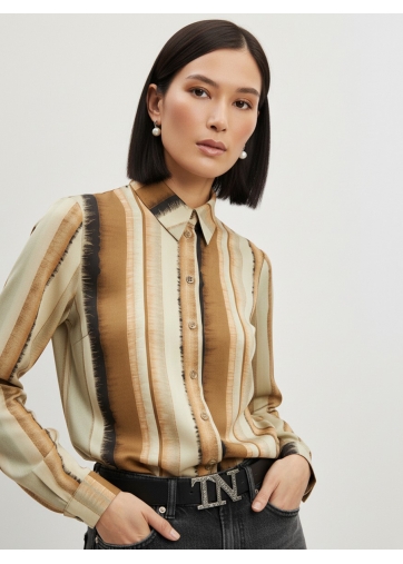 Блузка из атласной ткани OD-887-6 коричневый с серой полосой