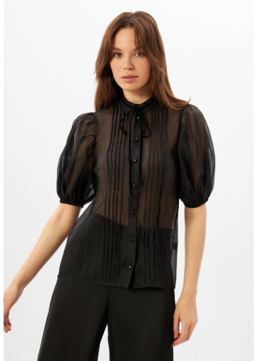 Блузка из органзы с бархатной завязкой и защипами  OD-951-3 черный