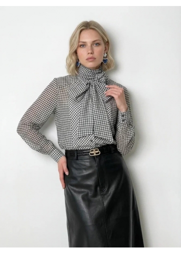 Блузка из органзы в клетку OD-984-2 коричневый с белым