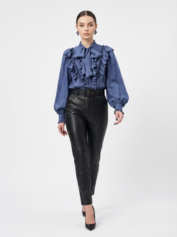 Блузка с рюшами и воротником-завязка OD-988-3 синий