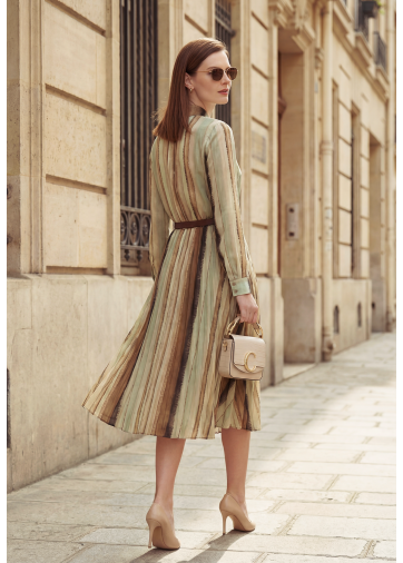 Платье с юбкой плиссе OD-883-2 коричневая с серой полосой