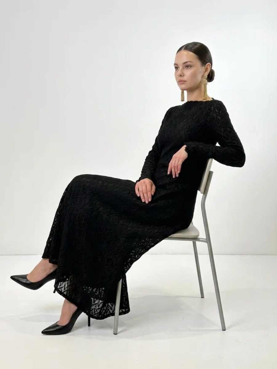 Платье из трикотажного кружева OD-904-3 черный с фестонами