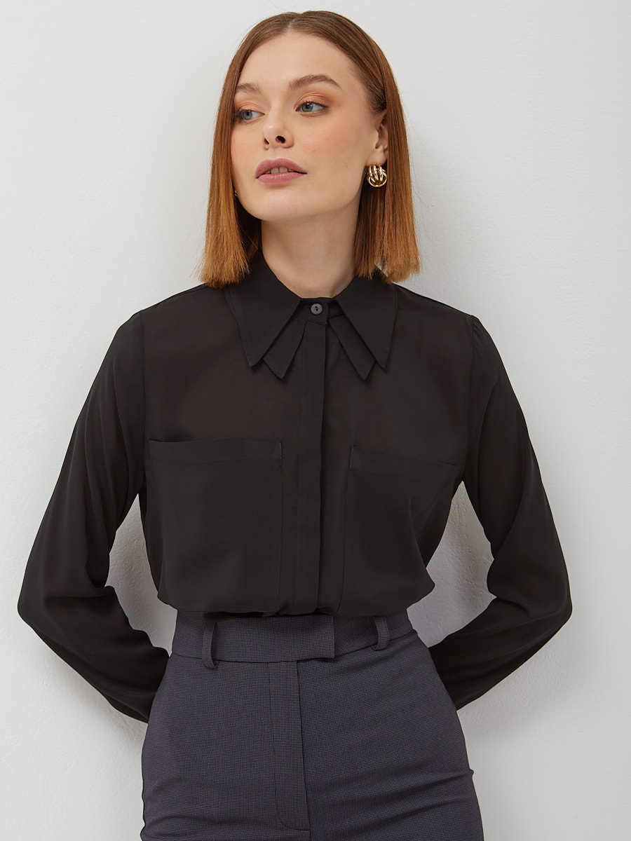 Блузка из шифона с двойным воротником OD-805-1 черный