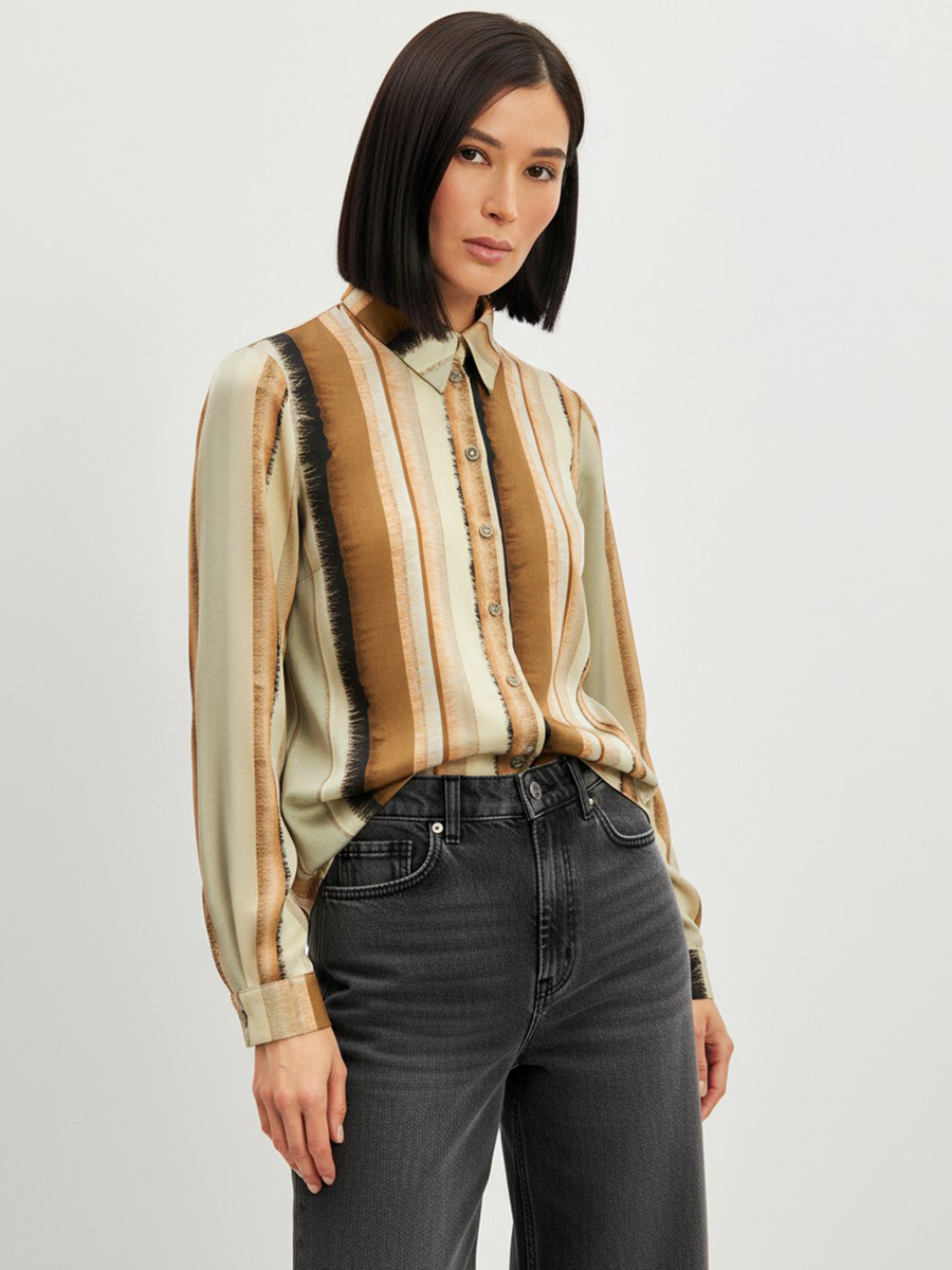 Блузка из атласной ткани OD-887-6 коричневый с серой полосой