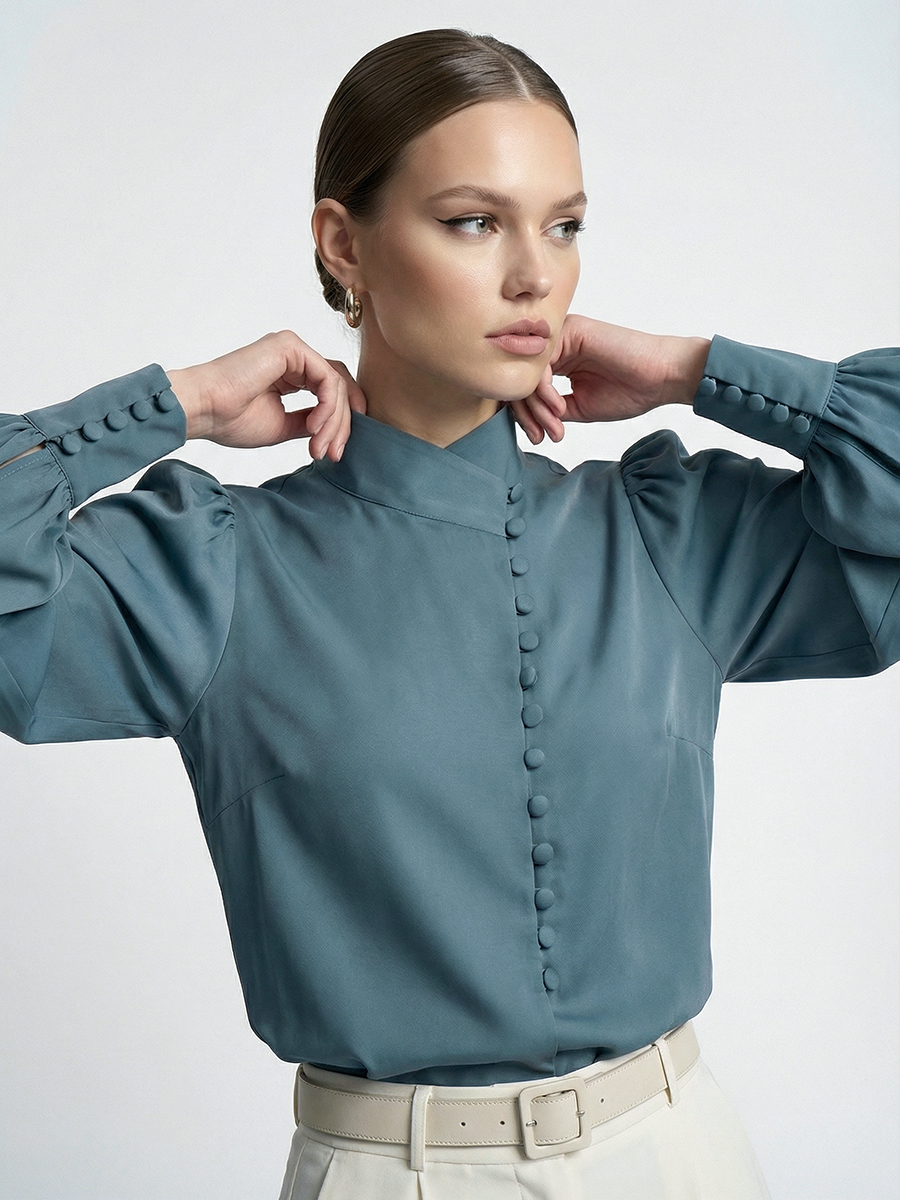 Блуза-косоворотка много пуговиц OD-550-14 серо-зеленый-голубой (морская волна)