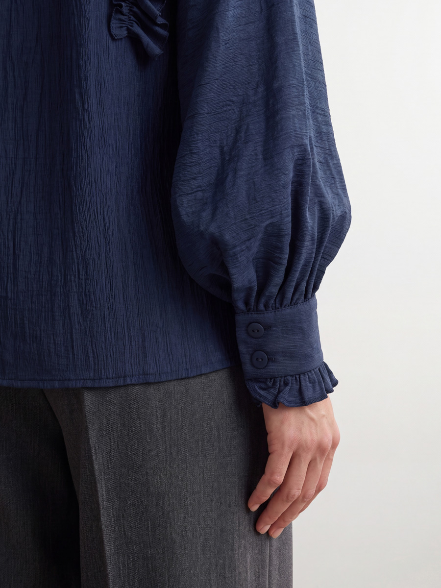 Блузка с рюшами и воротником-завязка OD-988-3 синий