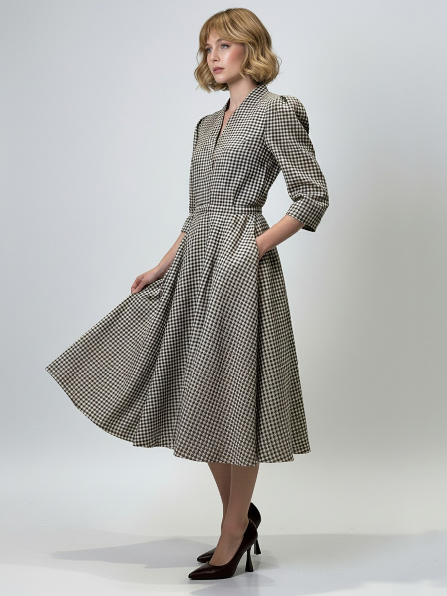 Платье с воротником стойка  OD-885-2 клетка сливочно-коричневая