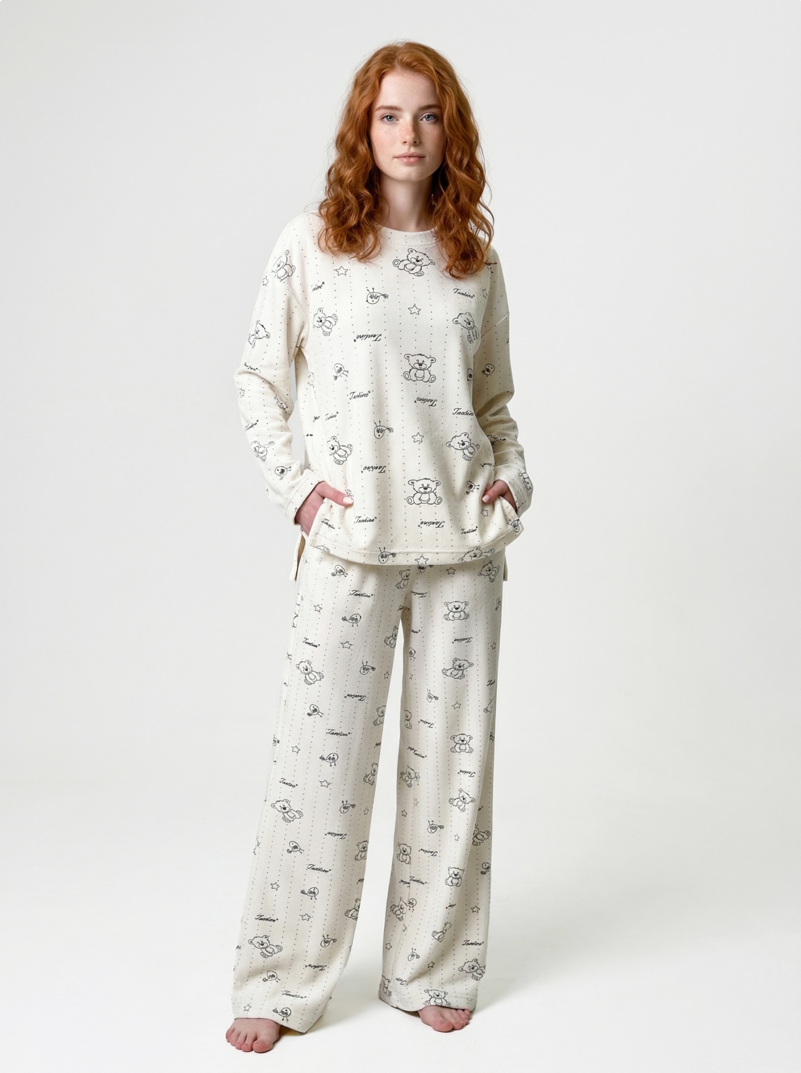 Пижама из велюра с принтом мишки с резинкой в комплекте OD-1009-3 молочный