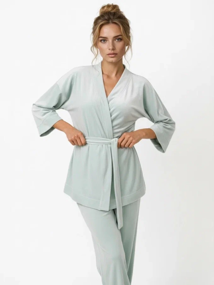 Пижама Кимоно+брюки из велюра OD-836-2 серо-зеленый