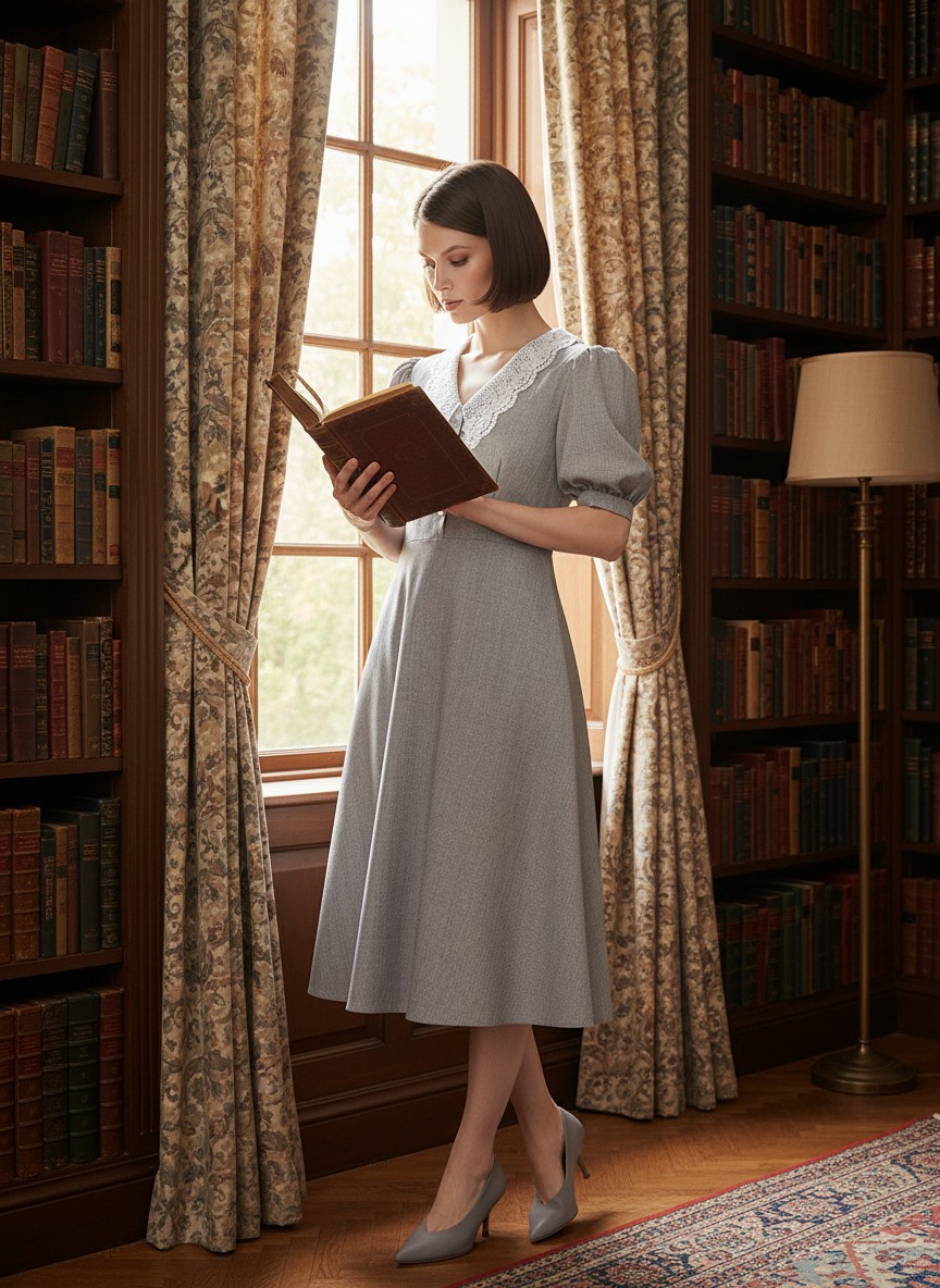 Платье с кружевным воротником  OD-888-2 св. серый