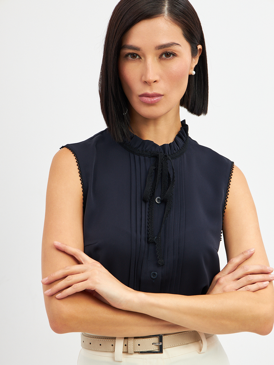 Блузка без рукавов с отделкой из тесьмы OD-973-2 т. синий