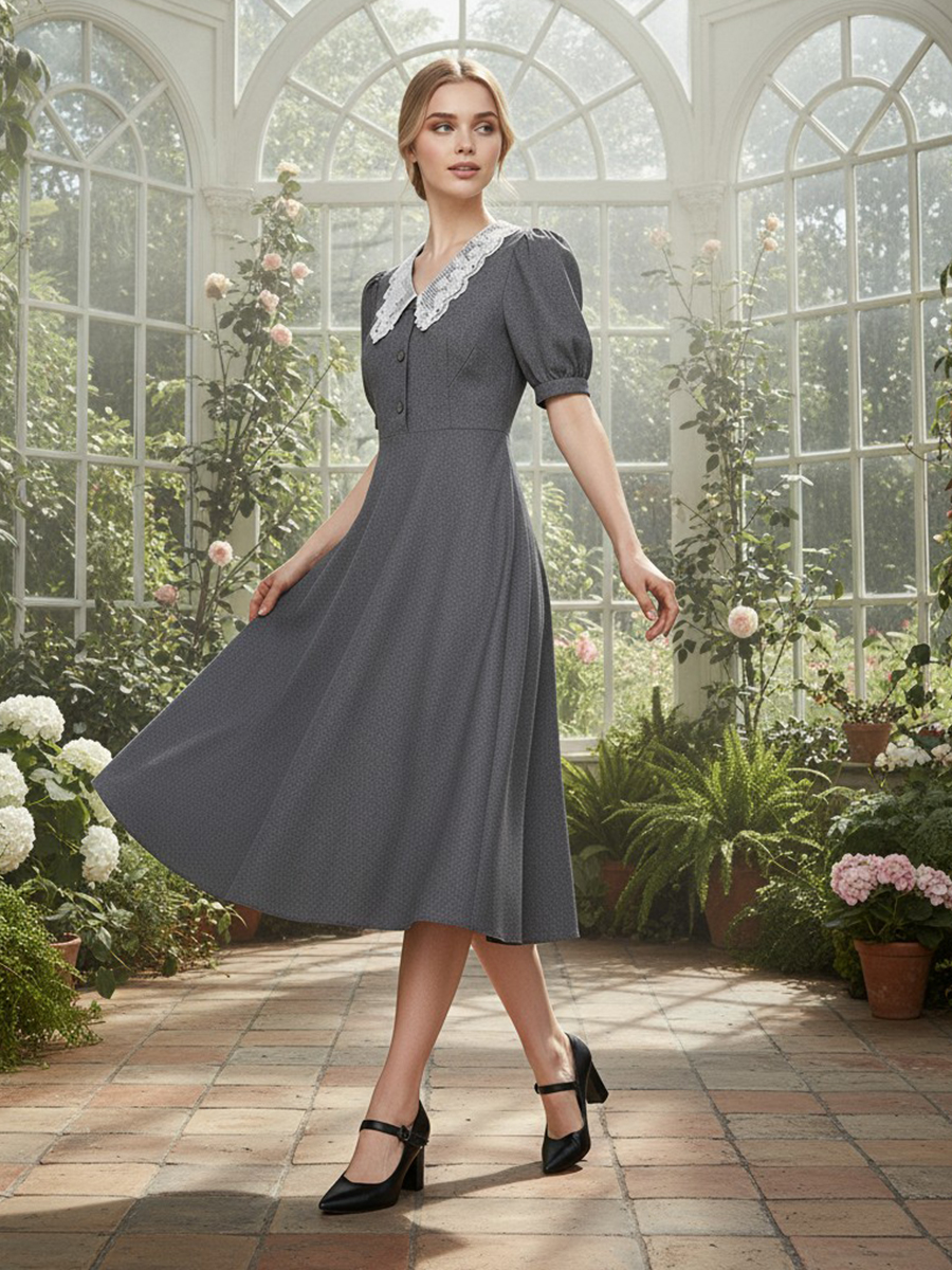 Платье миди с кружевным воротником OD-888-1, серый
