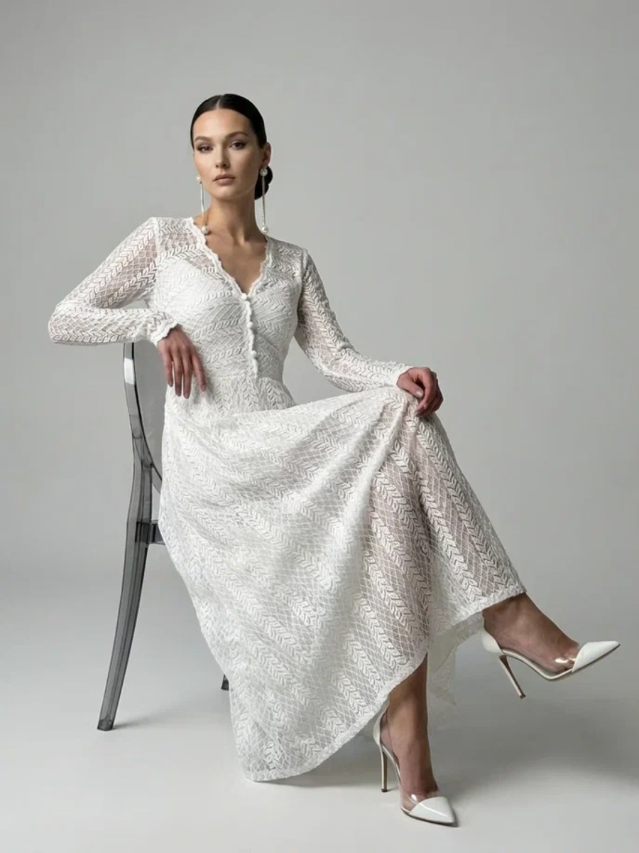 Платье из трикотажного кружева на подкладке с V-образным вырезом, белое OD-1017-2