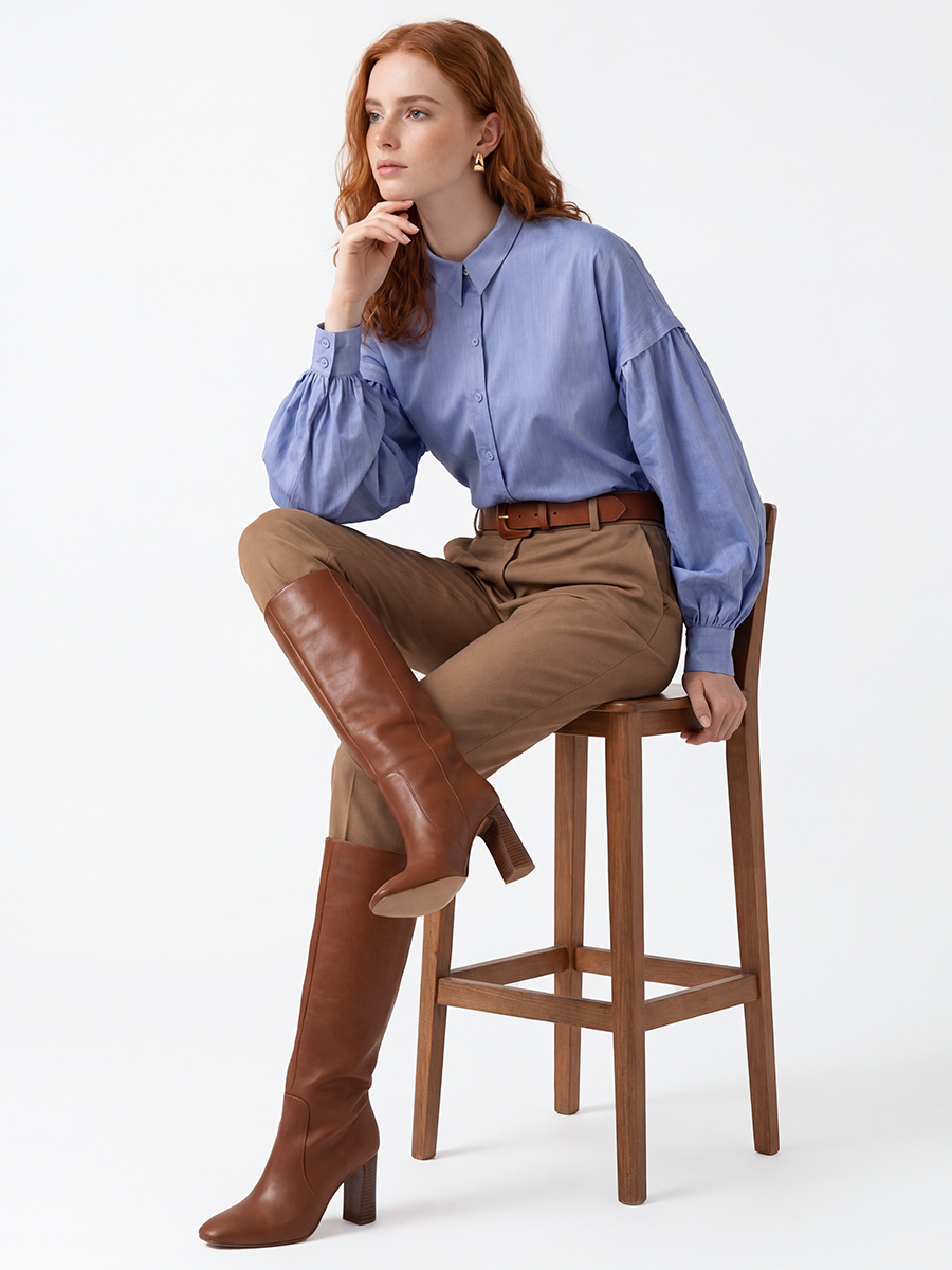 Рубашка с пышным рукавом OD-879-3 голубой джинс