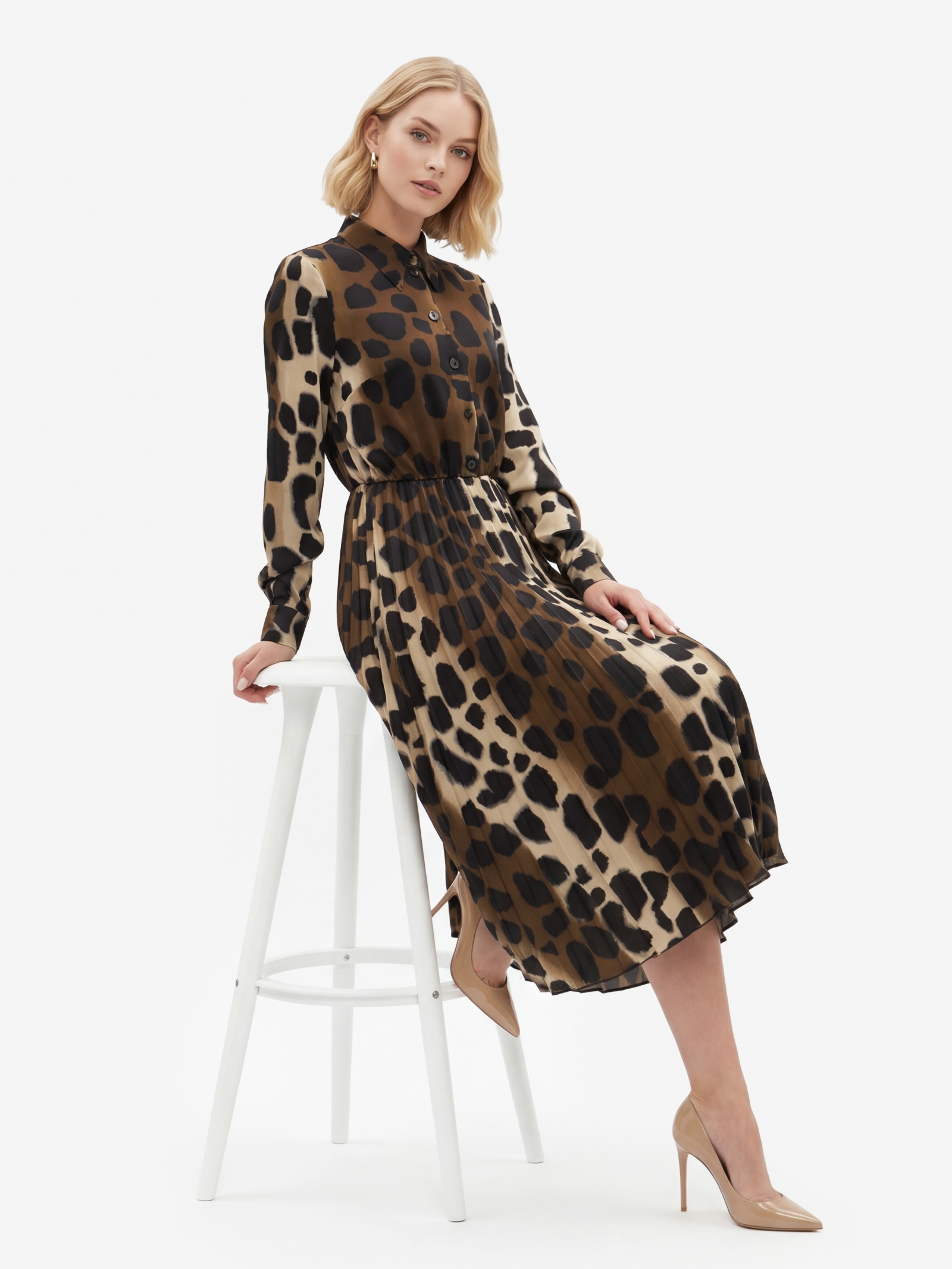 Платье с юбкой плиссе OD-883-1 леопард коричневый с хаки